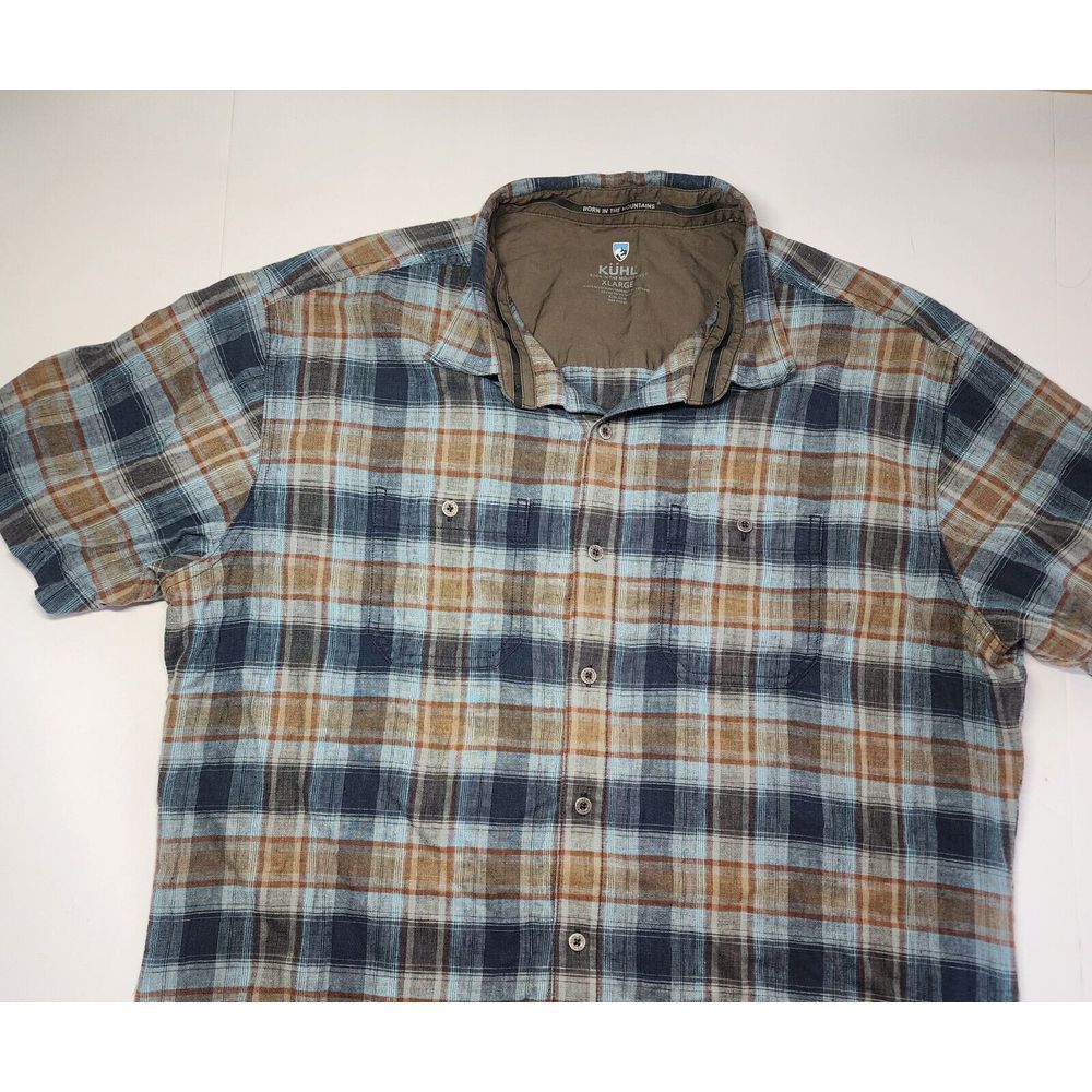 Kuhl Mens Size‎ XL Short Sleeve Plaid Linen/Cotton Button Up Camp Shirt